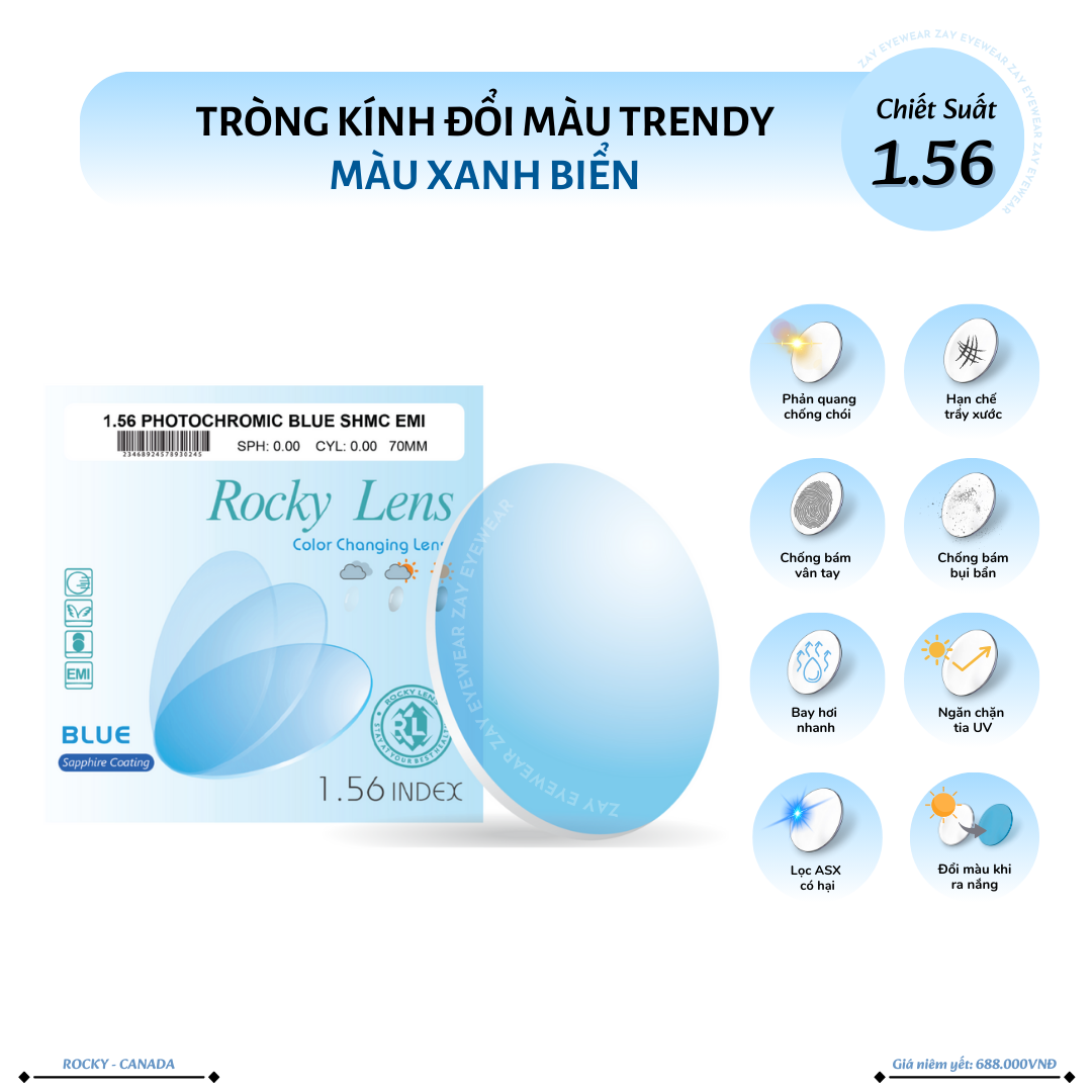  Tròng kính Rocky Đổi màu Xanh biển Trendy Lọc ánh sáng xanh 1.56 SHMC chính hãng 