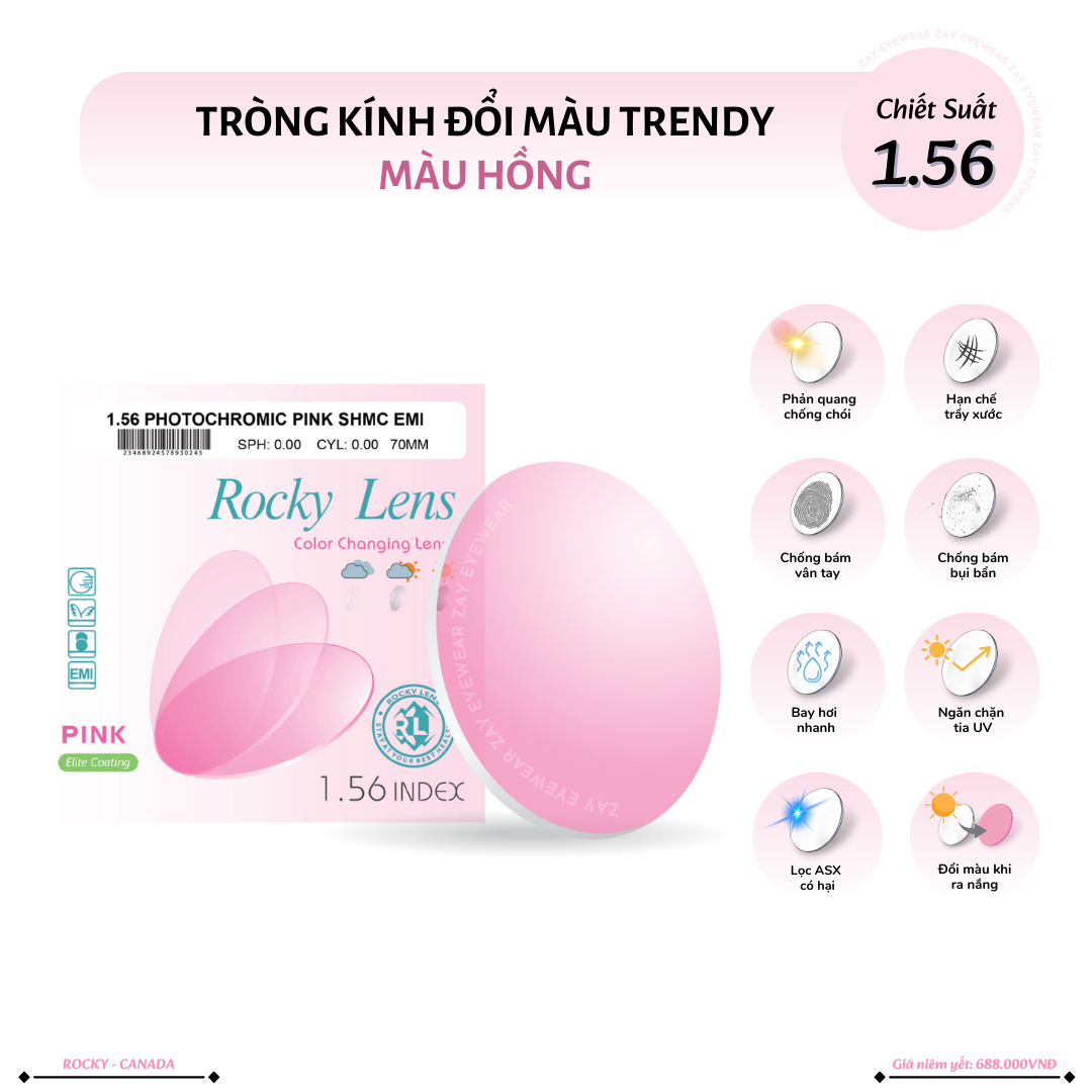  Tròng kính Rocky Đổi màu Hồng Trendy Lọc ánh sáng xanh 1.56 SHMC chính hãng 