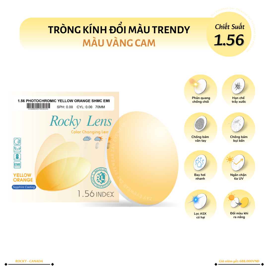  Tròng kính Rocky Đổi màu Vàng Cam Trendy Lọc ánh sáng xanh 1.56 SHMC chính hãng 