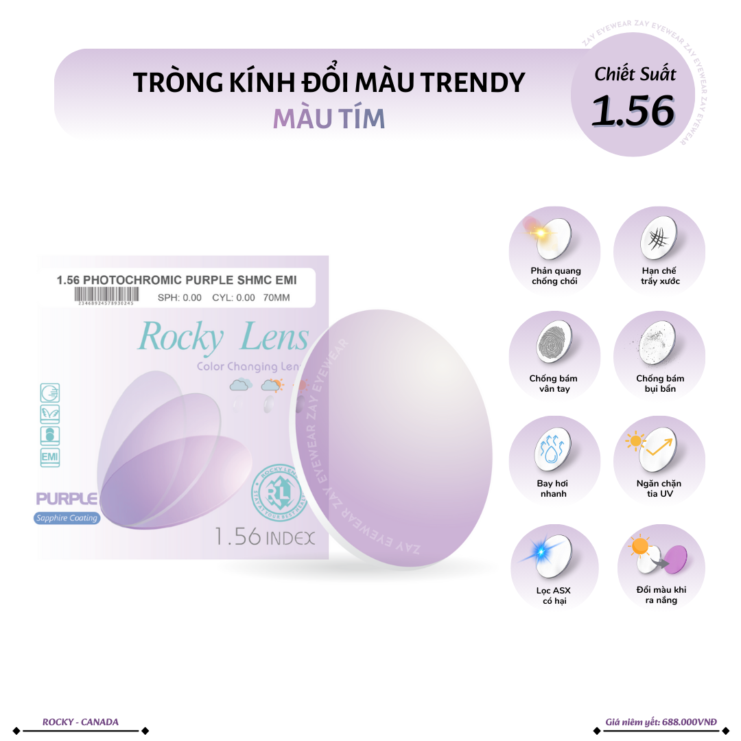  Tròng kính Rocky Đổi màu Tím Trendy Lọc ánh sáng xanh 1.56 SHMC chính hãng 