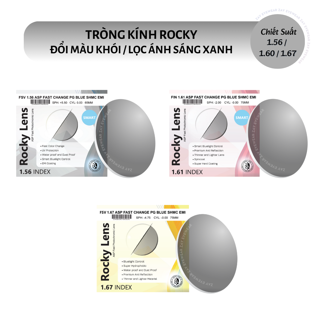  Tròng kính Rocky Đổi màu Khói/Nâu Lọc ánh sáng xanh 1.56 1.61 1.67 ASP chính hãng 