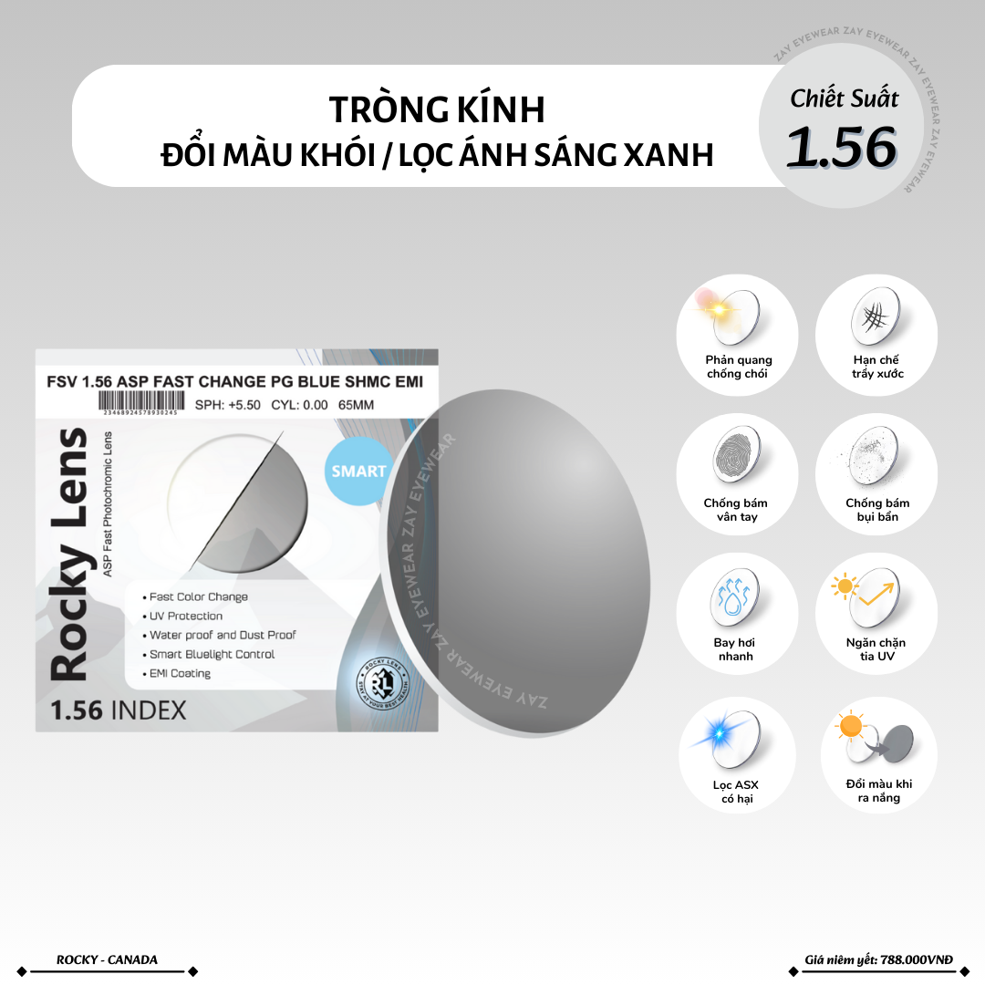  Tròng kính Rocky Đổi màu Khói/Nâu Lọc ánh sáng xanh 1.56 1.61 1.67 ASP chính hãng 