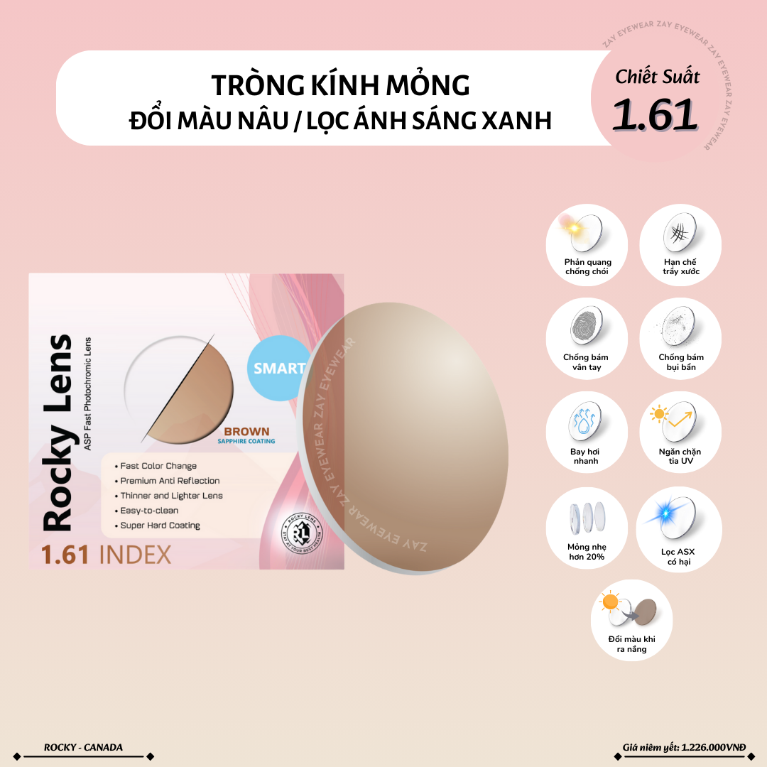  Tròng kính Rocky Đổi màu Nâu Mỏng Lọc ánh sáng xanh 1.61 ASP chính hãng 
