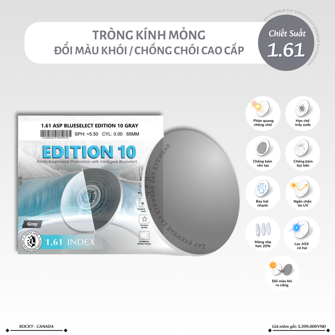  Tròng kính Rocky Edition 10 Đổi màu Khói/Nâu Lọc ánh sáng xanh hạn chế chói cao cấp 1.61 ASP chính hãng 