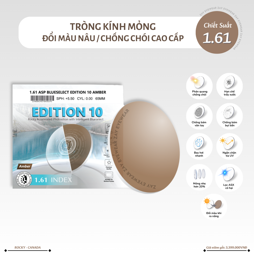 Tròng kính Rocky Edition 10 Đổi màu Khói/Nâu Lọc ánh sáng xanh hạn chế chói cao cấp 1.61 ASP chính hãng 