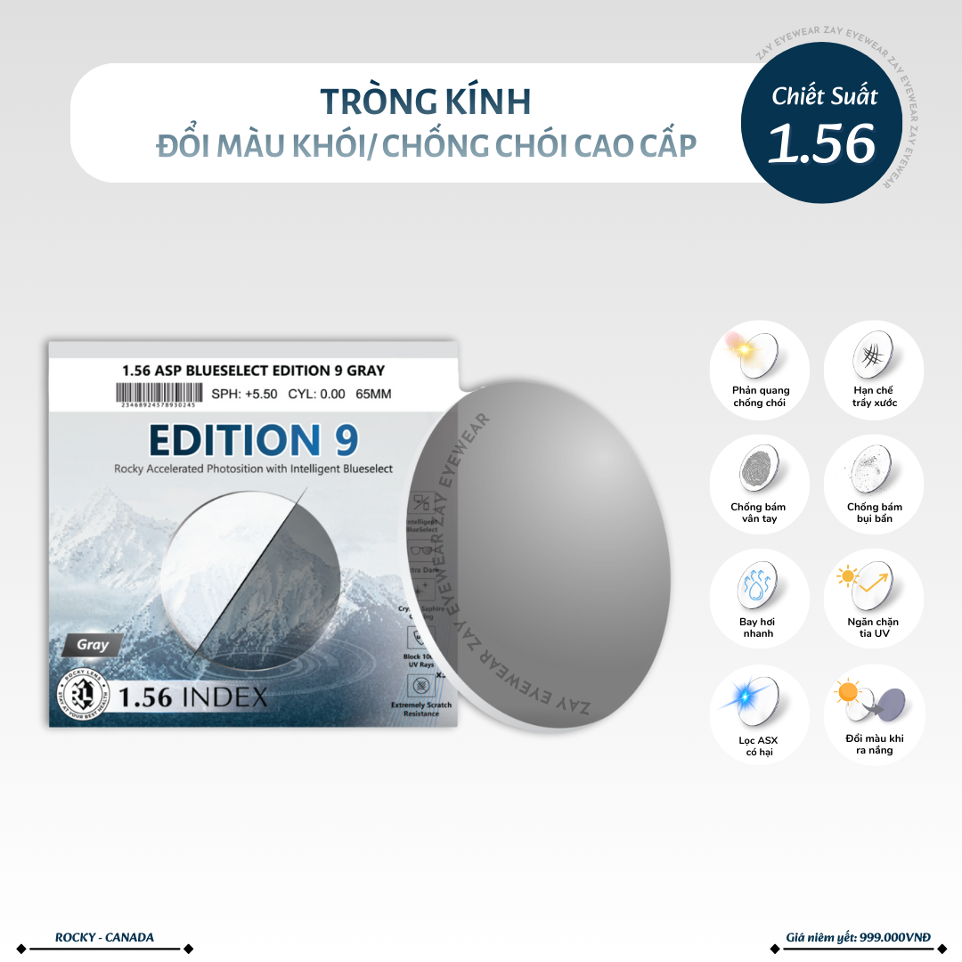  Tròng kính Rocky Edition 9 Đổi màu Khói/Nâu Lọc ánh sáng xanh hạn chế chói cao cấp 1.56 ASP chính hãng 