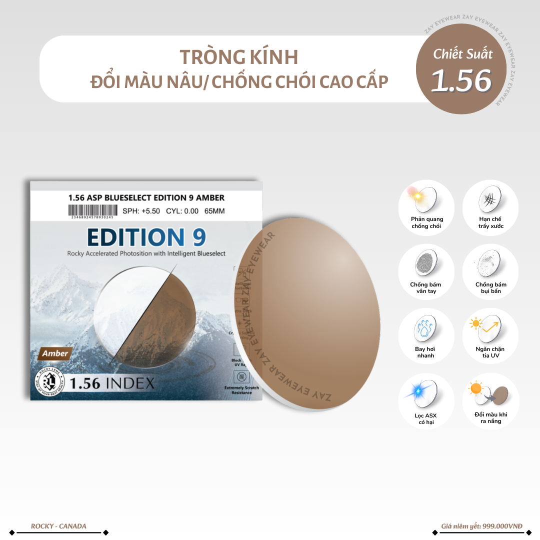  Tròng kính Rocky Edition 9 Đổi màu Khói/Nâu Lọc ánh sáng xanh hạn chế chói cao cấp 1.56 ASP chính hãng 