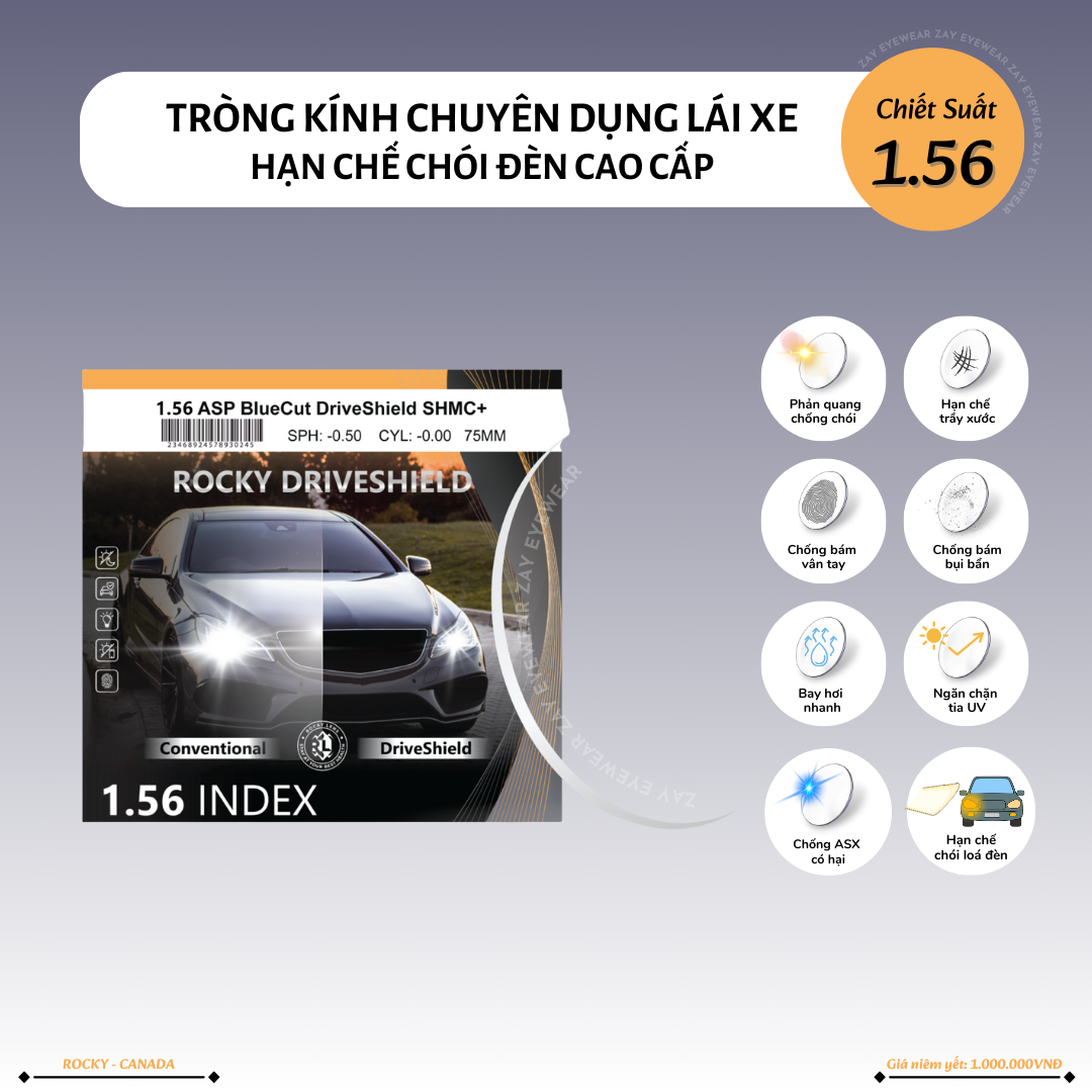  Tròng kính Rocky Chuyên dụng lái xe Hạn chế chói đèn Chống ánh sáng xanh 1.56, 1.61 Driveshield chính hãng 