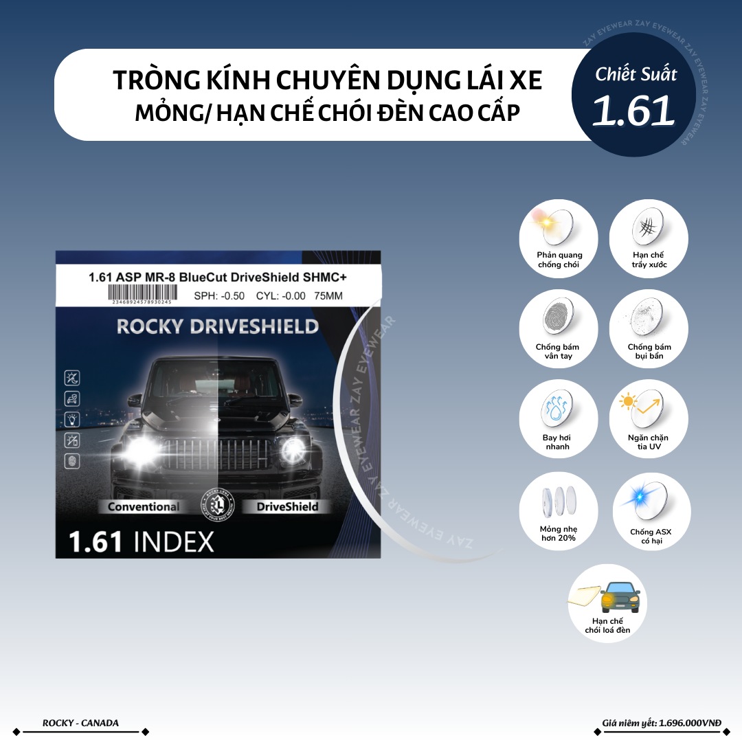  Tròng kính Rocky Chuyên dụng lái xe Hạn chế chói đèn Chống ánh sáng xanh 1.56, 1.61 Driveshield chính hãng 