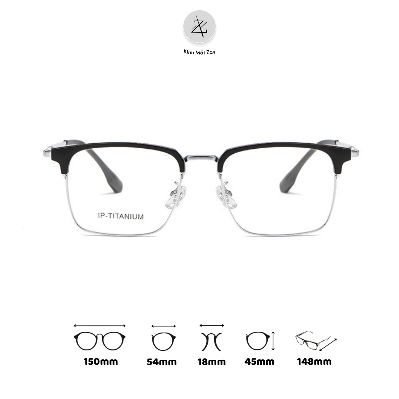  Gọng kính nửa khung Size To 95043 dáng vuông titanium cao cấp 