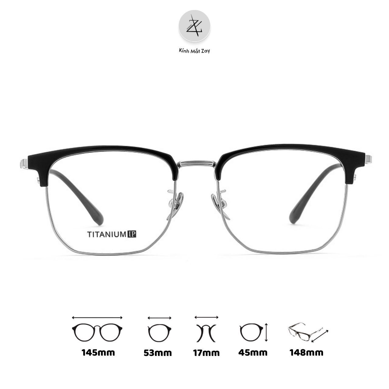  Gọng kính nửa khung 88076 dáng vuông titanium cao cấp 