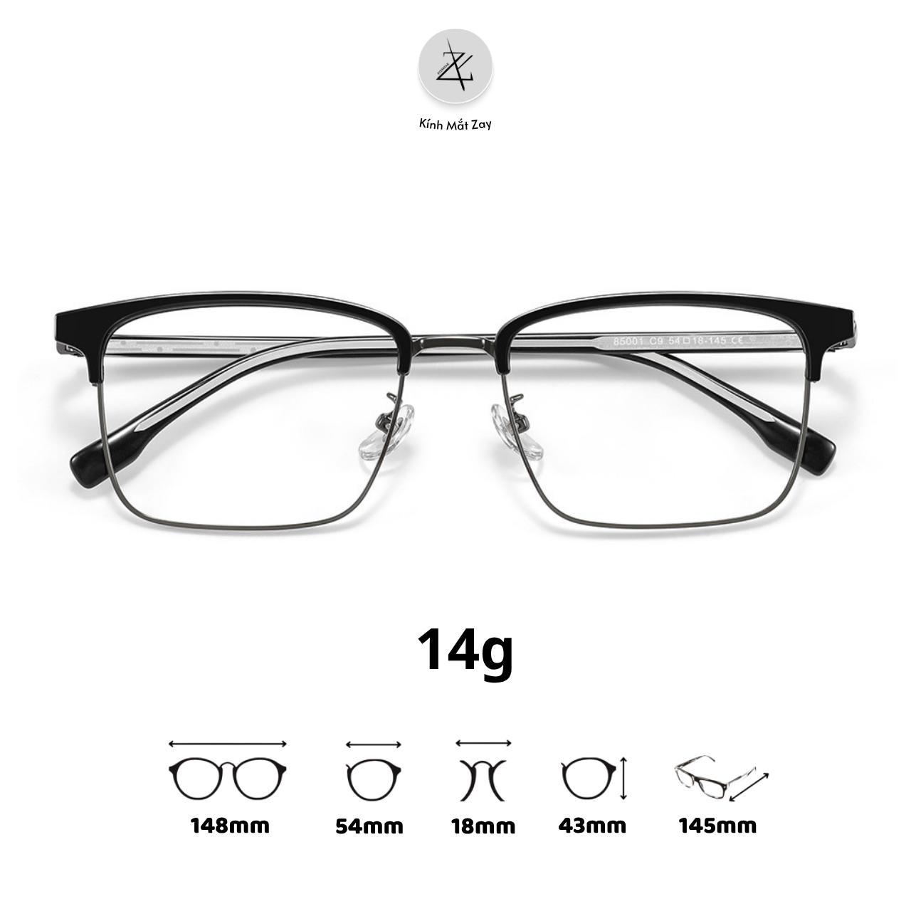  Gọng kính nửa khung 85001 dáng vuông nhựa & titanium cao cấp 