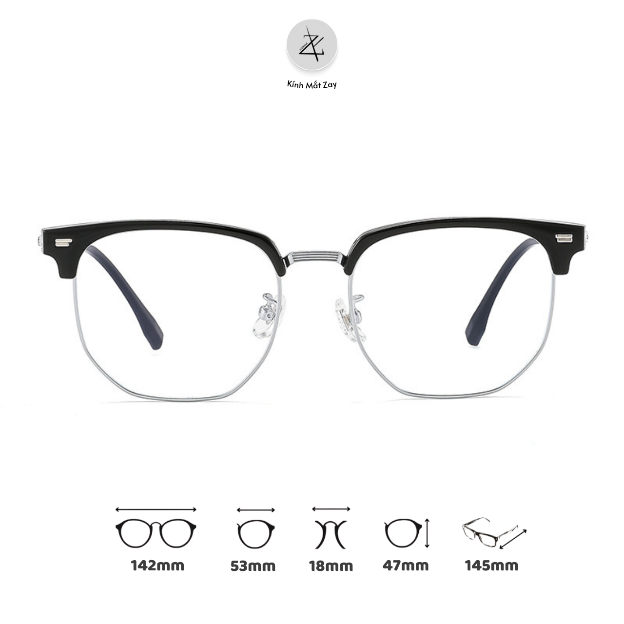 Gọng kính nửa khung Size to 122621 dáng vuông titanium cao cấp 