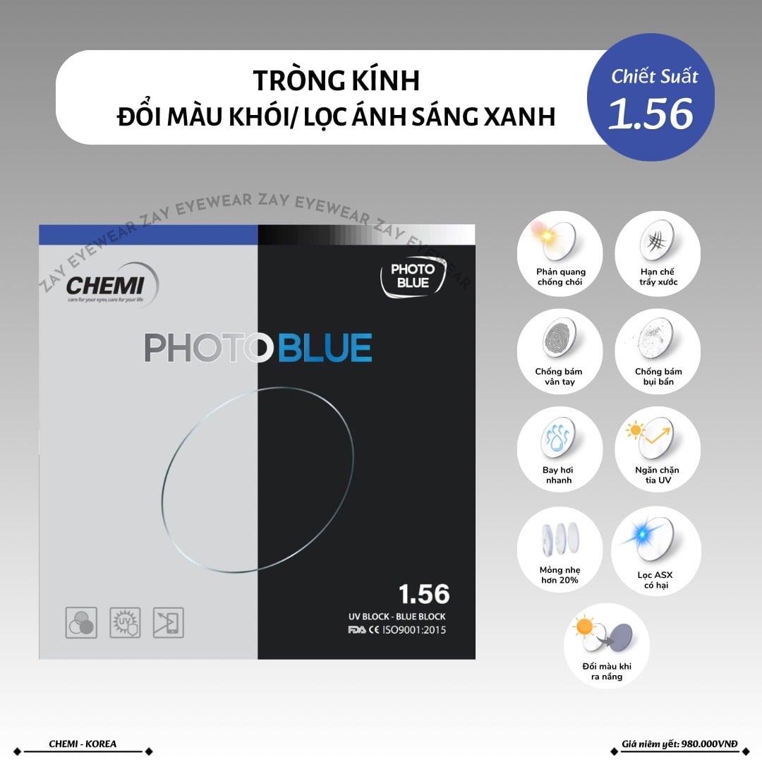  Tròng kính Đổi màu khói đen lọc ánh sáng xanh Chemi Photo Blue 1.56 1.60 1.67 1.74 ASP Hàn Quốc chính hãng 