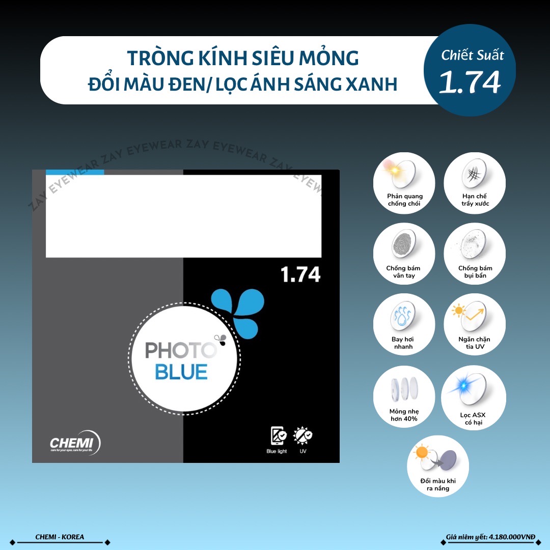  Tròng kính Đổi màu khói đen Lọc ánh sáng xanh Siêu mỏng Chemi Photo Blue 1.74 ASP Hàn Quốc chính hãng 