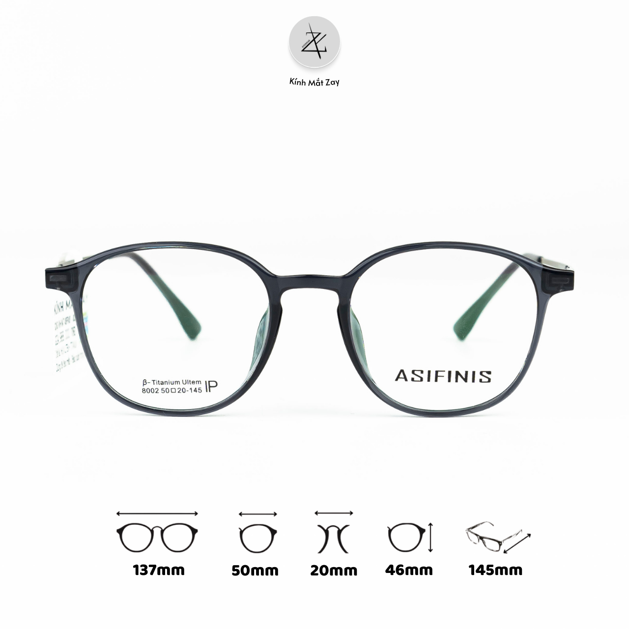  Gọng kính Asifinis 8002 dáng tròn nhựa TR90 dẻo & titanium chính hãng 