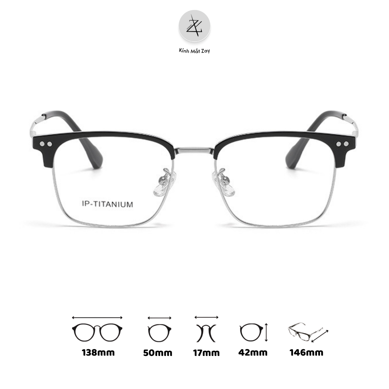  Gọng kính nửa khung 95052 dáng vuông titanium cao cấp 