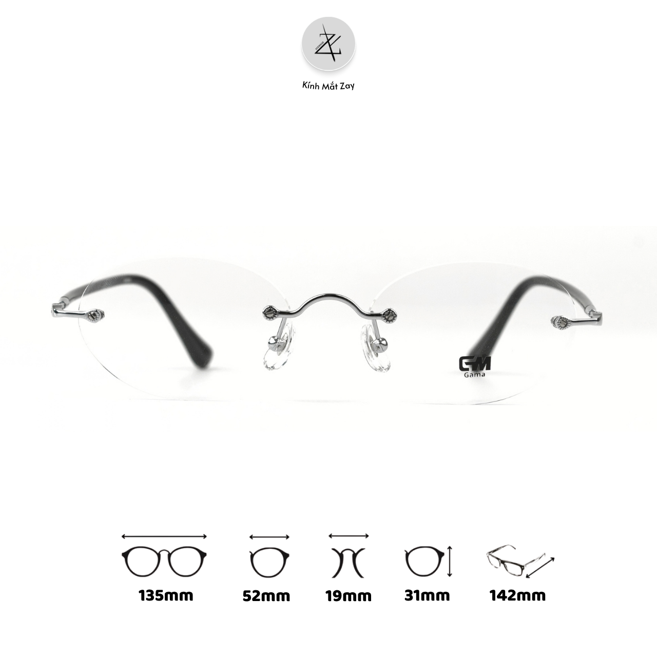  Gọng kính khoan không viền GAMA T76051 dáng oval titanium chính hãng 