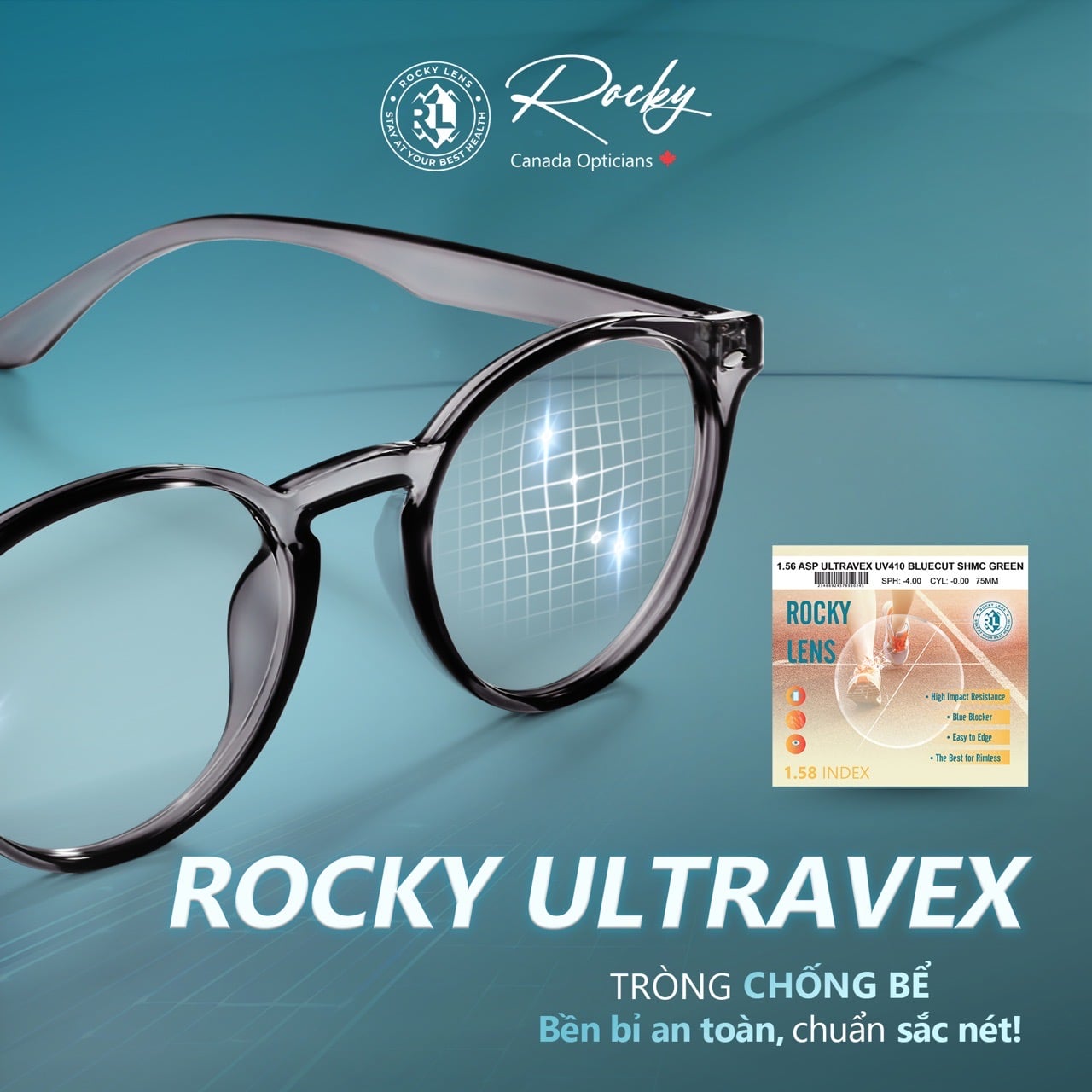  Tròng kính Rocky Chống Bể Chống Ánh Sáng Xanh dành cho thể thao, gọng khoan 1.58 chính hãng 