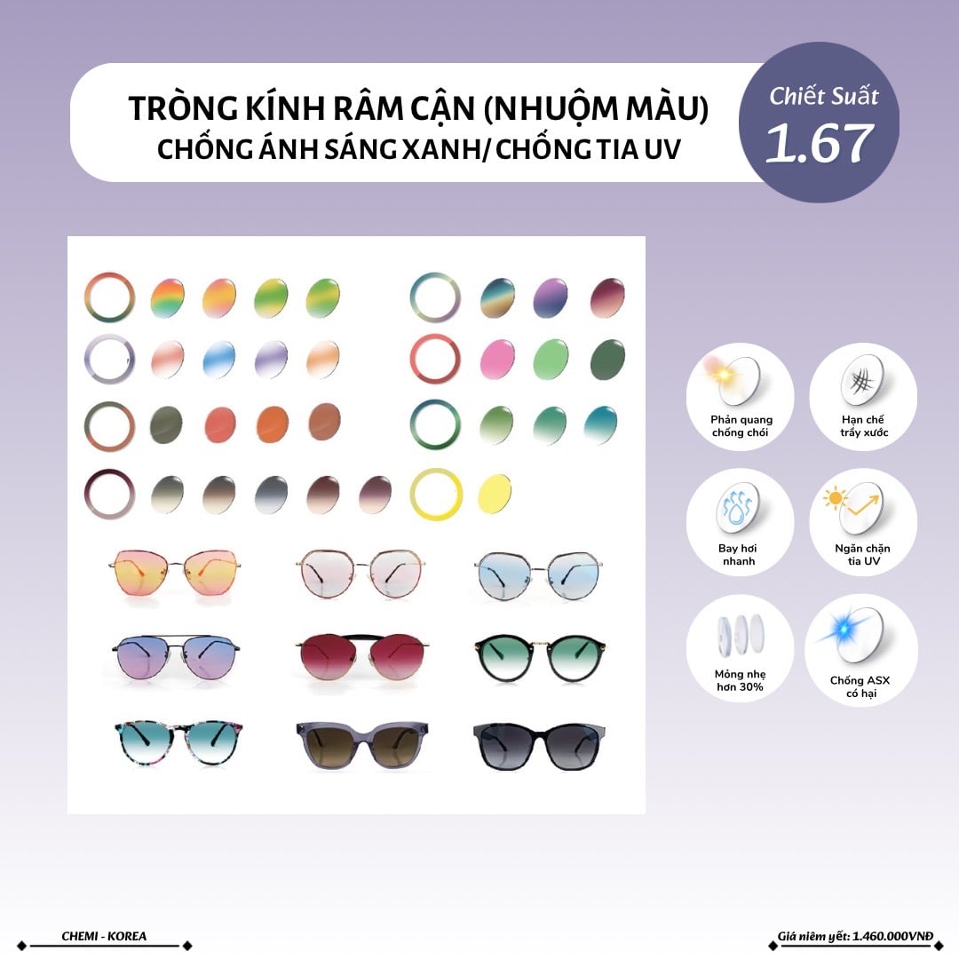  Tròng kính râm cận 24 màu Chemi Drytin U6 siêu mỏng 1.60 1.67 1.74 chống ánh sáng xanh chính hãng 