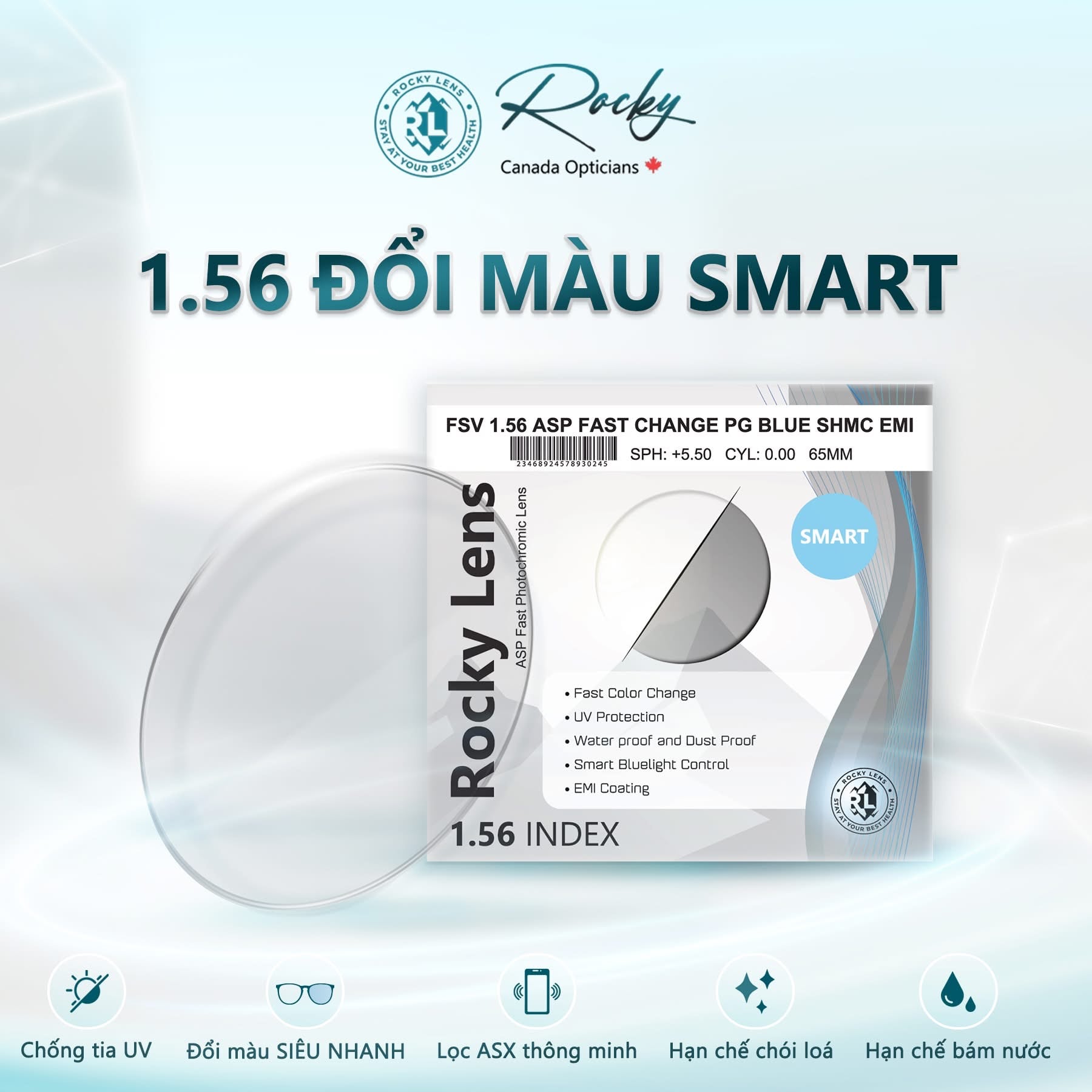  Tròng kính Rocky Đổi màu Khói Lọc ánh sáng xanh 1.56 ASP chính hãng 