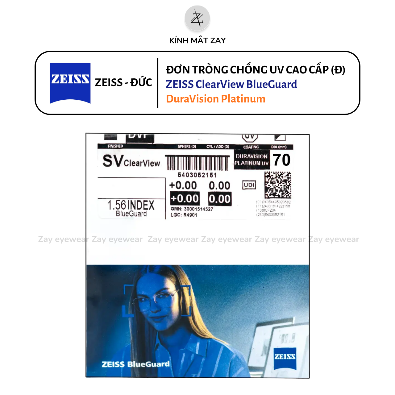  Tròng kính ZEISS ClearView BlueGuard - DuraVision Platinum Lọc ánh sáng xanh Chống UV phản quang chính hãng (ĐẶT ĐÁNH) 