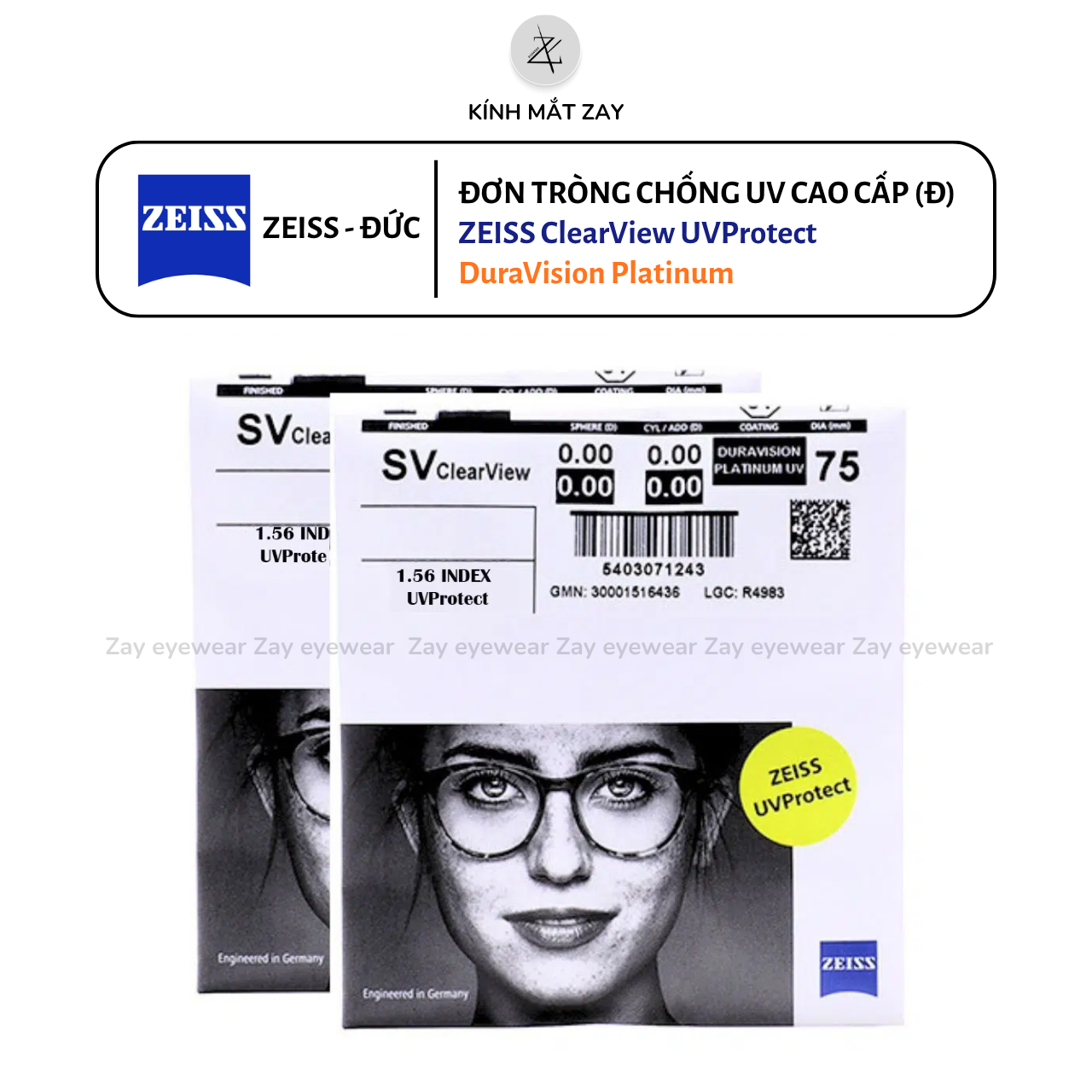  Tròng kính ZEISS ClearView UVProtect - DuraVision Platinum chống UV phản quang chính hãng (ĐẶT ĐÁNH) 