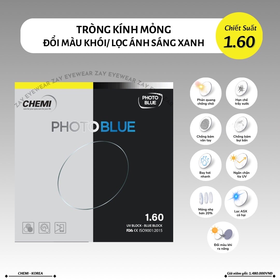  Tròng kính Đổi màu khói đen lọc ánh sáng xanh Chemi Photo Blue 1.56 1.60 1.67 1.74 ASP Hàn Quốc chính hãng 
