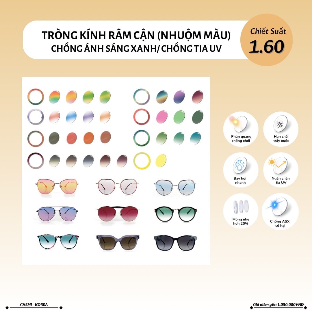  Tròng kính râm cận 24 màu Chemi Drytin U6 siêu mỏng 1.60 1.67 1.74 chống ánh sáng xanh chính hãng 