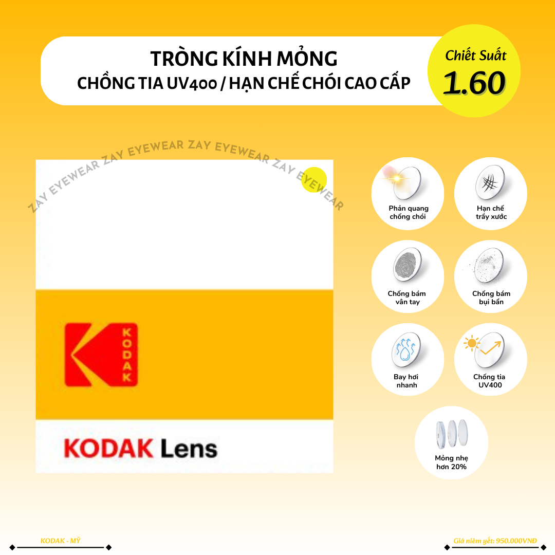  Tròng kính Chống tia UV Siêu mỏng 1.56 1.60 1.67 Kodak Mỹ FSV Asph UV400 Clean&Clear chính hãng 