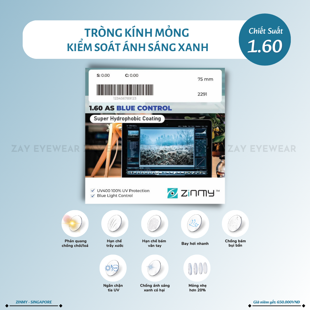  Tròng kính Zinmy Chống ánh sáng xanh Mỏng 1.60,1.67 AS UV400 Blue Control chính hãng 