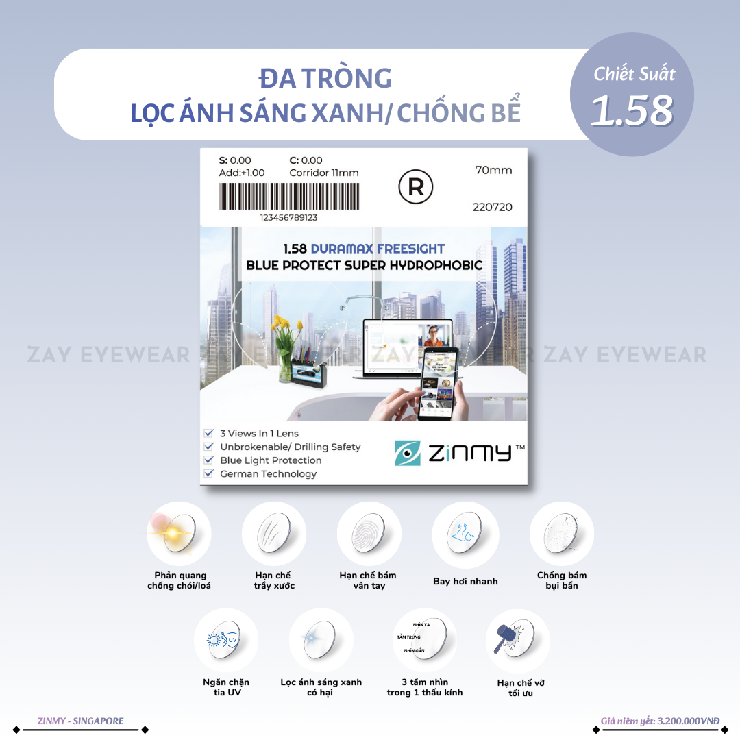  Đa tròng Zinmy kỹ thuật số Freeform Chống bể Lọc ánh sáng xanh Mỏng 1.58 AS Duramax chính hãng 