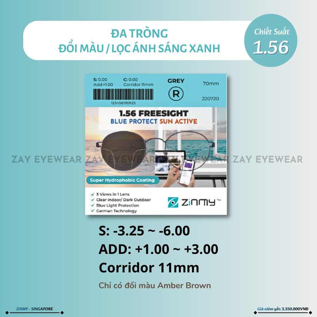  Đa tròng Zinmy KTS Freeform Đổi màu Khói Lọc ánh sáng xanh 1.56 Freesight Blue Protect chính hãng 