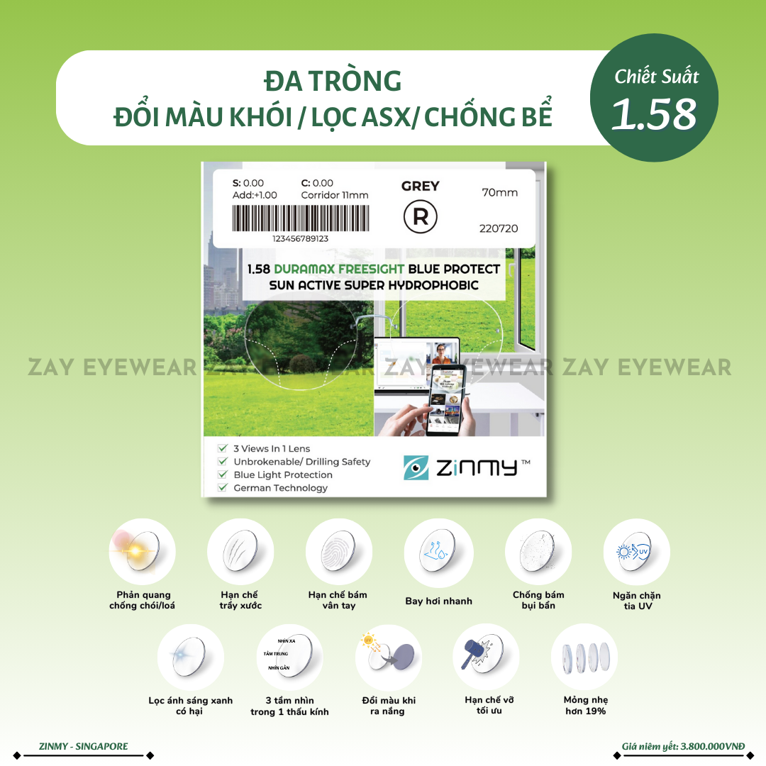  Đa tròng Zinmy KTS Freeform Đổi màu Khói Chống bể Lọc ánh sáng xanh 1.58 Duramax chính hãng 