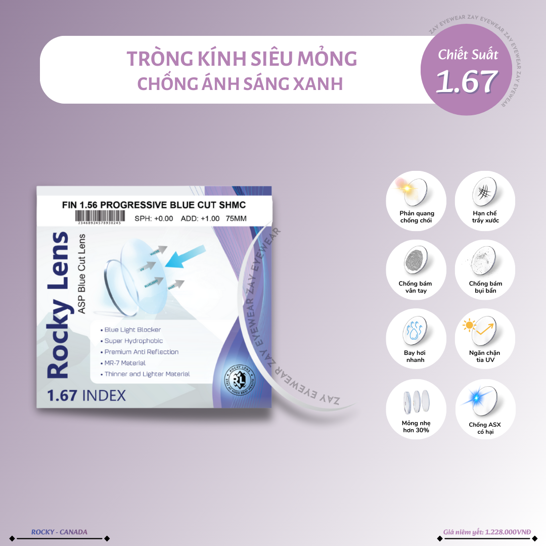  Tròng kính Rocky Chống ánh sáng xanh Siêu mỏng 1.67 ASP BlueCut SHMC chính hãng 