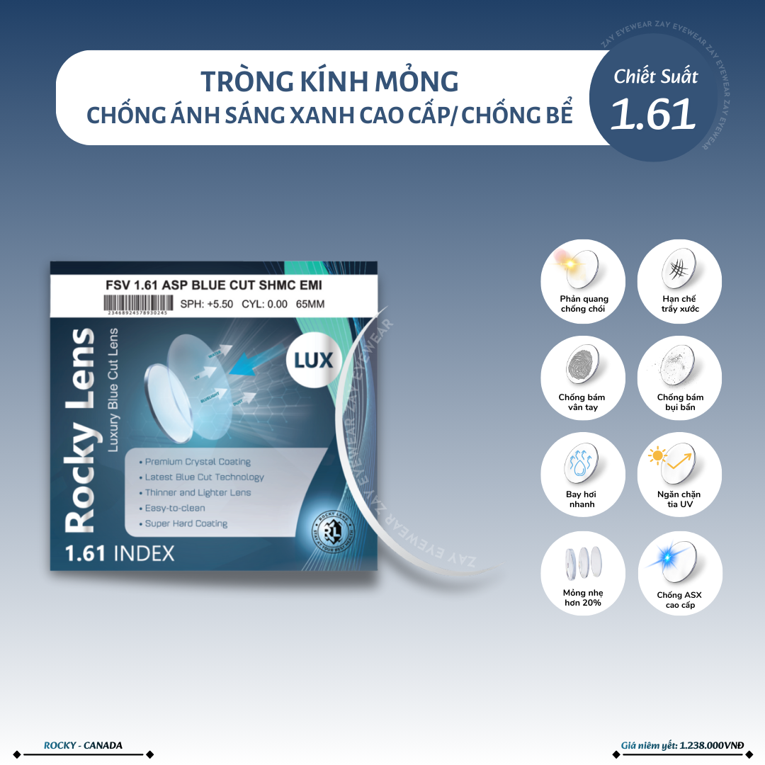  Tròng kính Rocky Chống ánh sáng xanh cao cấp Mỏng Chống bể 1.61 ASP MR8 ASP BLUE CUT LUXURY chính hãng 