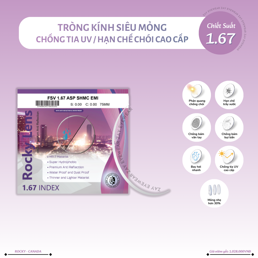  Tròng kính Rocky Chống tia UV Siêu mỏng 1.67 ASP UV chính hãng 