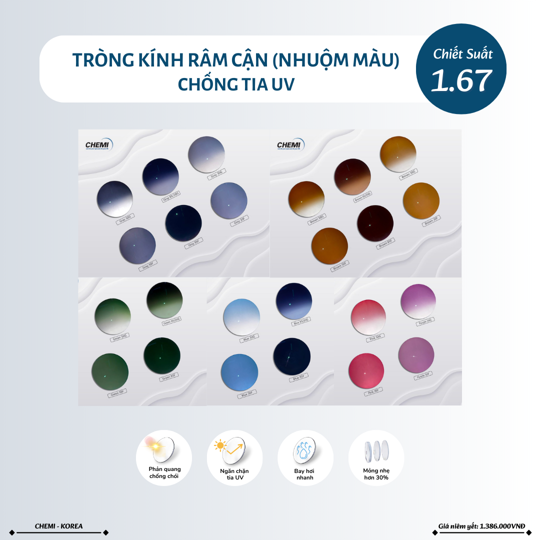  Tròng kính râm cận 24 màu Chemi TinTing U2 siêu mỏng 1.60 1.67 chống tia UV chính hãng 