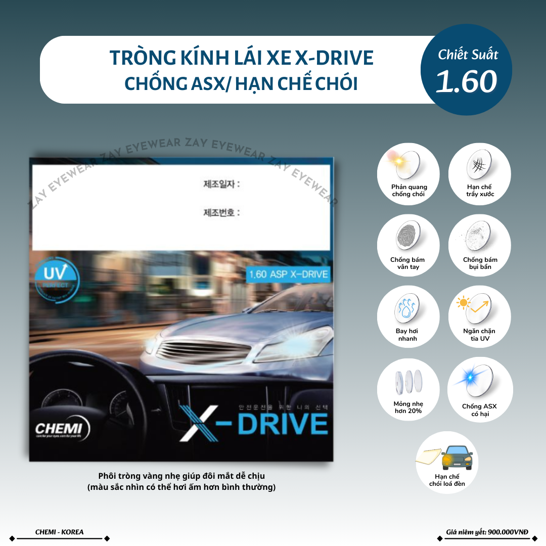  Tròng kính Chemi X-Drive 1.60 chuyên dụng lái xe Chống chói đèn xe, đèn pha chính hãng 