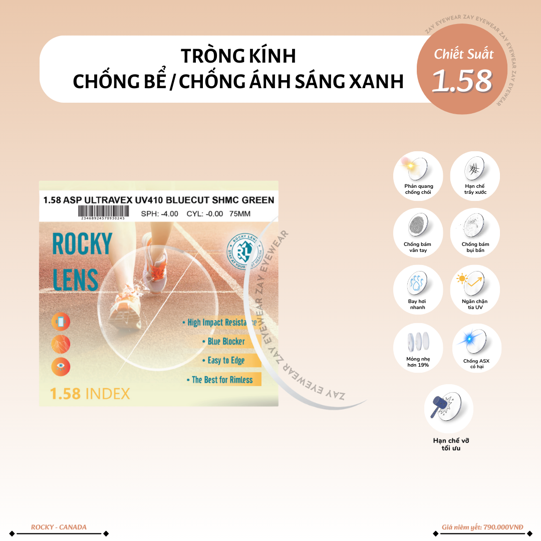  Tròng kính Rocky Chống Bể Chống Ánh Sáng Xanh dành cho thể thao, gọng khoan 1.58 chính hãng 