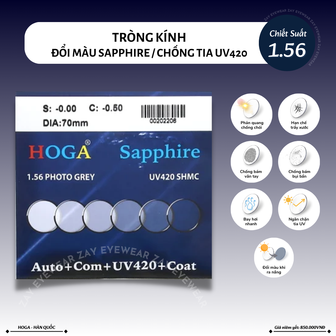  Tròng kính Hoga Đổi màu Xanh Sapphire Chống tia UV 1.56 Hàn Quốc chính hãng 