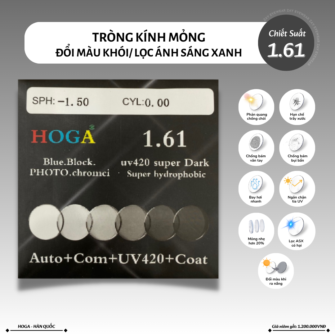  Tròng kính Hoga Đổi màu Khói đen Lọc ánh sáng xanh Hoga 1.61 Hàn Quốc chính hãng 