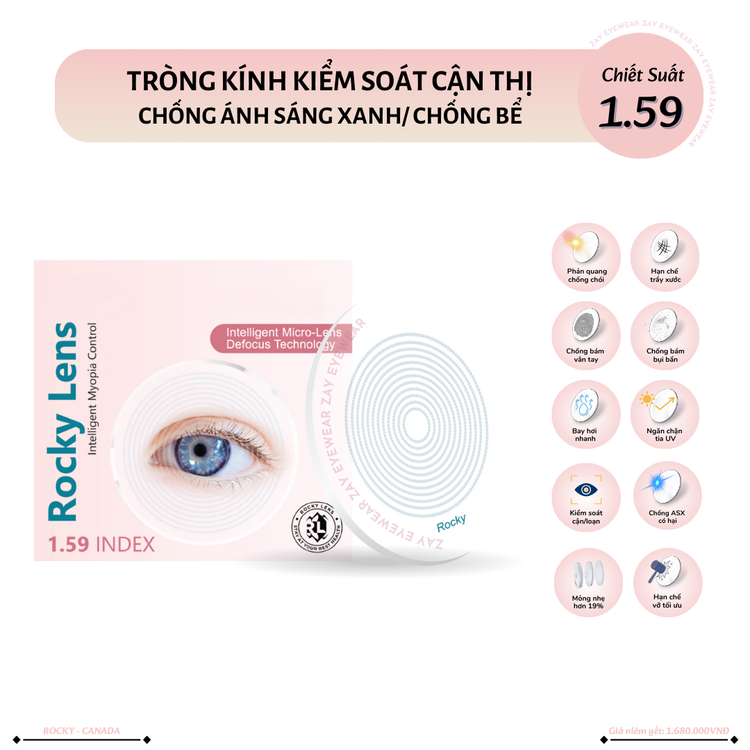  Tròng Kính Rocky Kiểm Soát Cận Thị Cho Trẻ Em 1.59 Intelligent Micro-Lens Defocus Technology chính hãng 