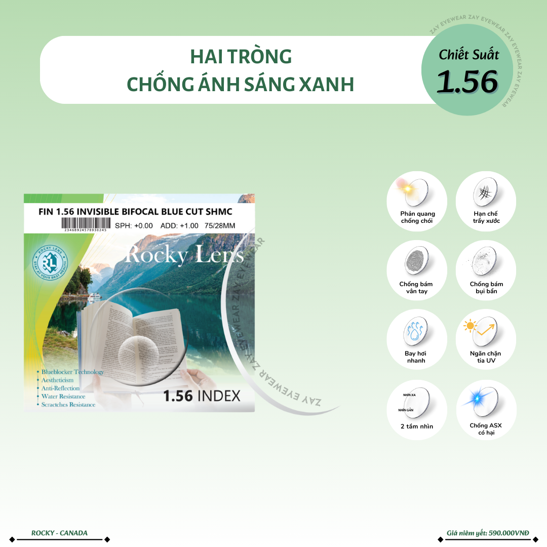  Hai tròng Rocky Chống ánh sáng xanh 1.56 ASP chính hãng 