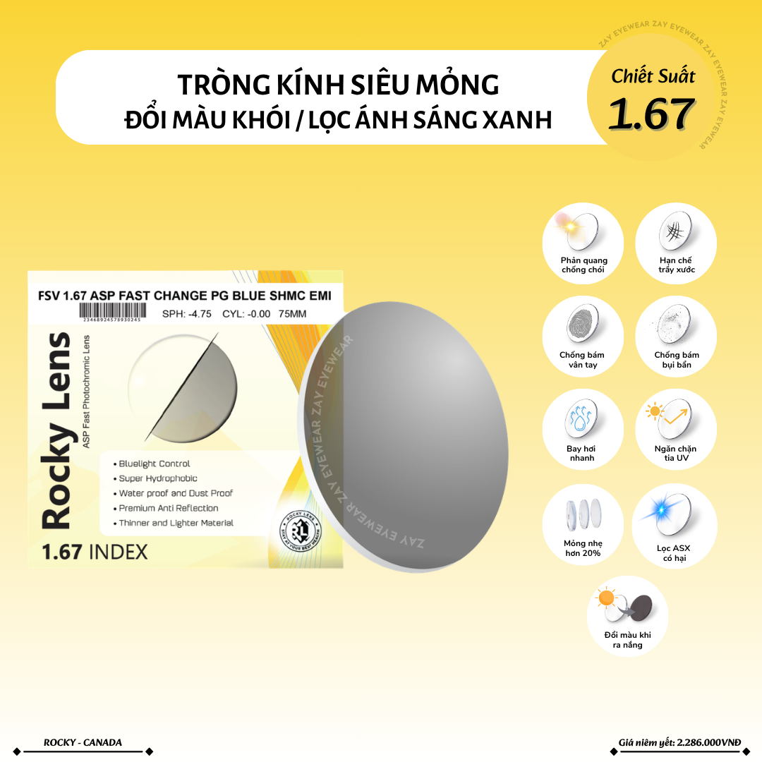  Tròng kính Đổi màu khói đen siêu mỏng Lọc ánh sáng xanh Rocky 1.67 ASP Canada chính hãng 