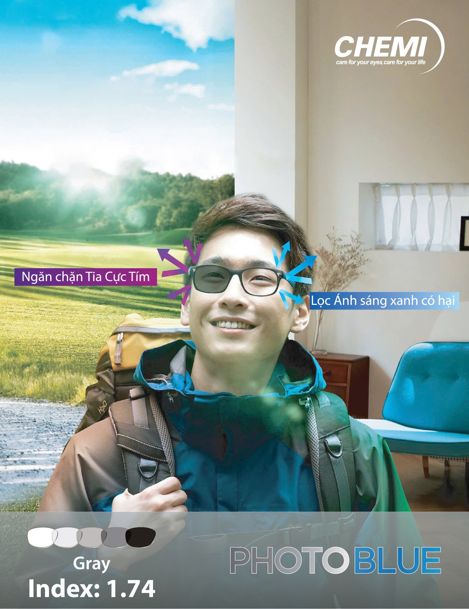  Tròng kính Đổi màu khói đen Lọc ánh sáng xanh Siêu mỏng Chemi Photo Blue 1.74 ASP Hàn Quốc chính hãng 