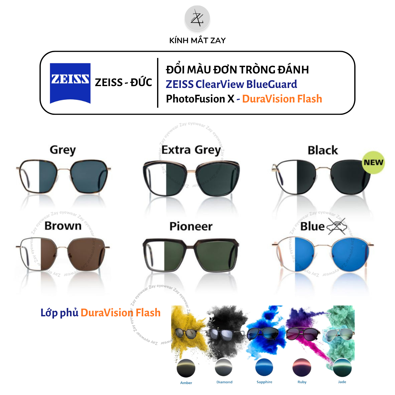  Tròng kính ZEISS ClearView BlueGuard PhotoFusion X - DuraVision Flash Đổi màu Lọc ánh sáng xanh Chống UV phản quang chính hãng (ĐẶT ĐÁNH) 