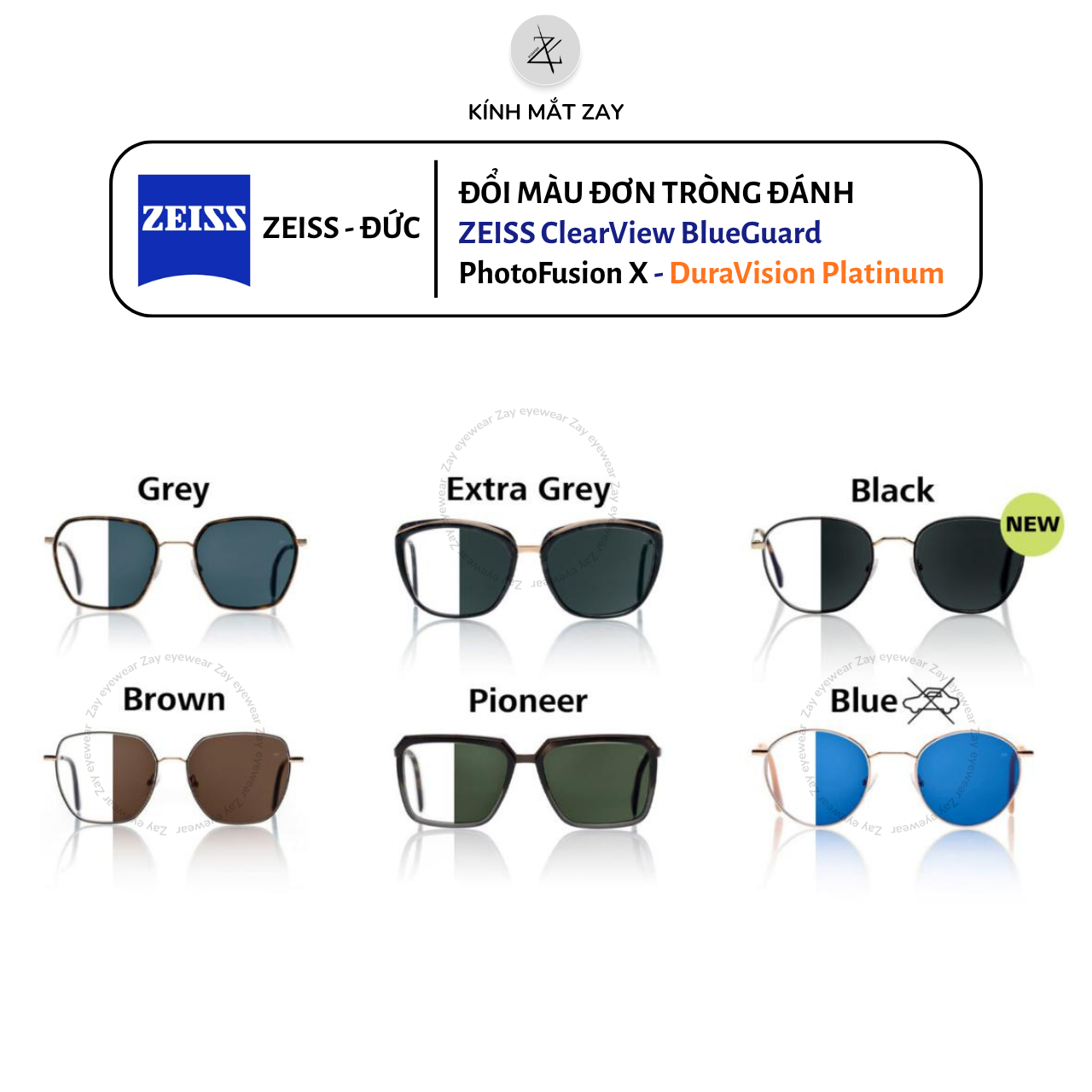  Tròng kính ZEISS ClearView BlueGuard PhotoFusion X - DuraVision Platinum Đổi màu Lọc ánh sáng xanh Chống UV phản quang chính hãng (ĐẶT ĐÁNH) 