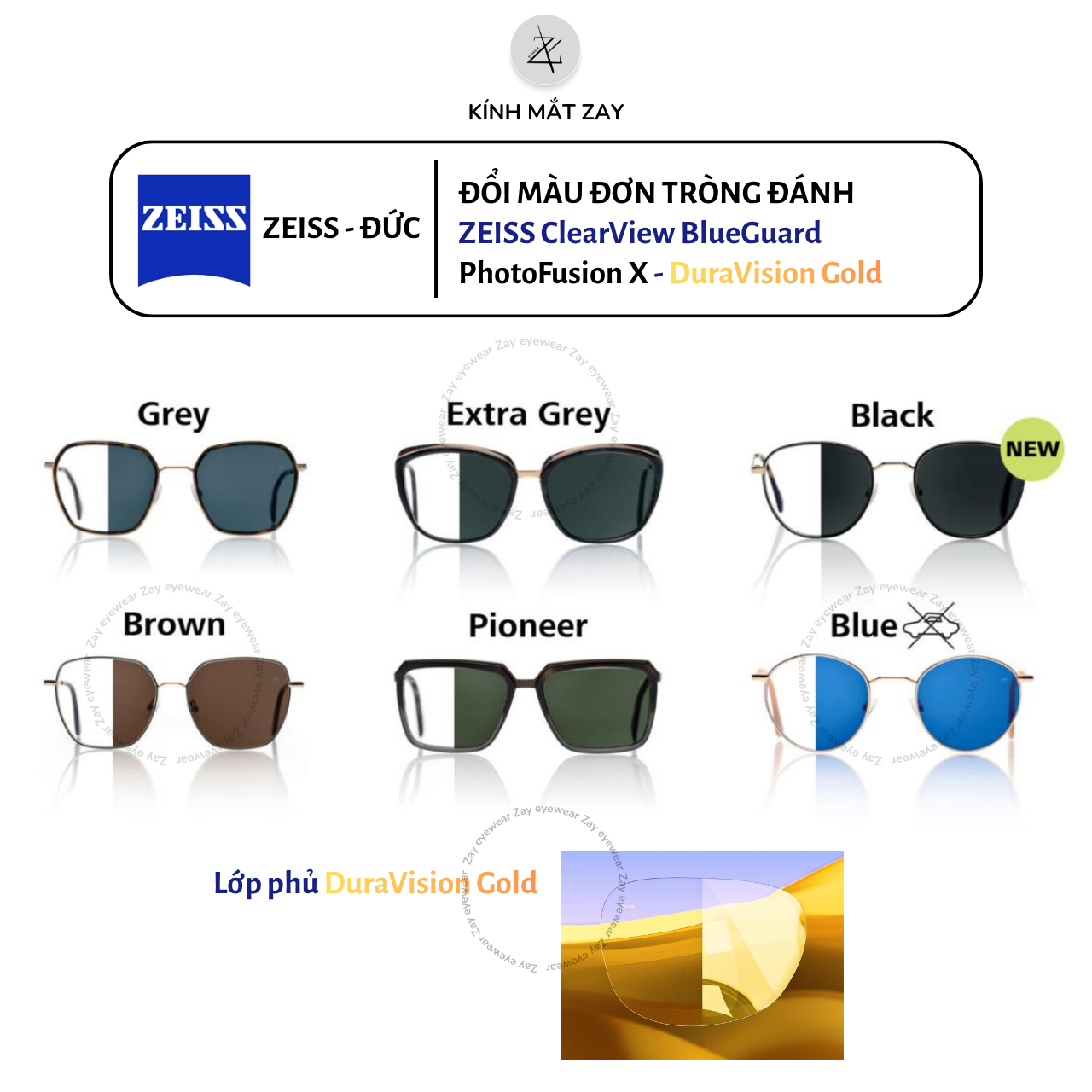  Tròng kính ZEISS ClearView BlueGuard PhotoFusion X - DuraVision Gold Đổi màu Lọc ánh sáng xanh Chống UV phản quang chính hãng (ĐẶT ĐÁNH) 