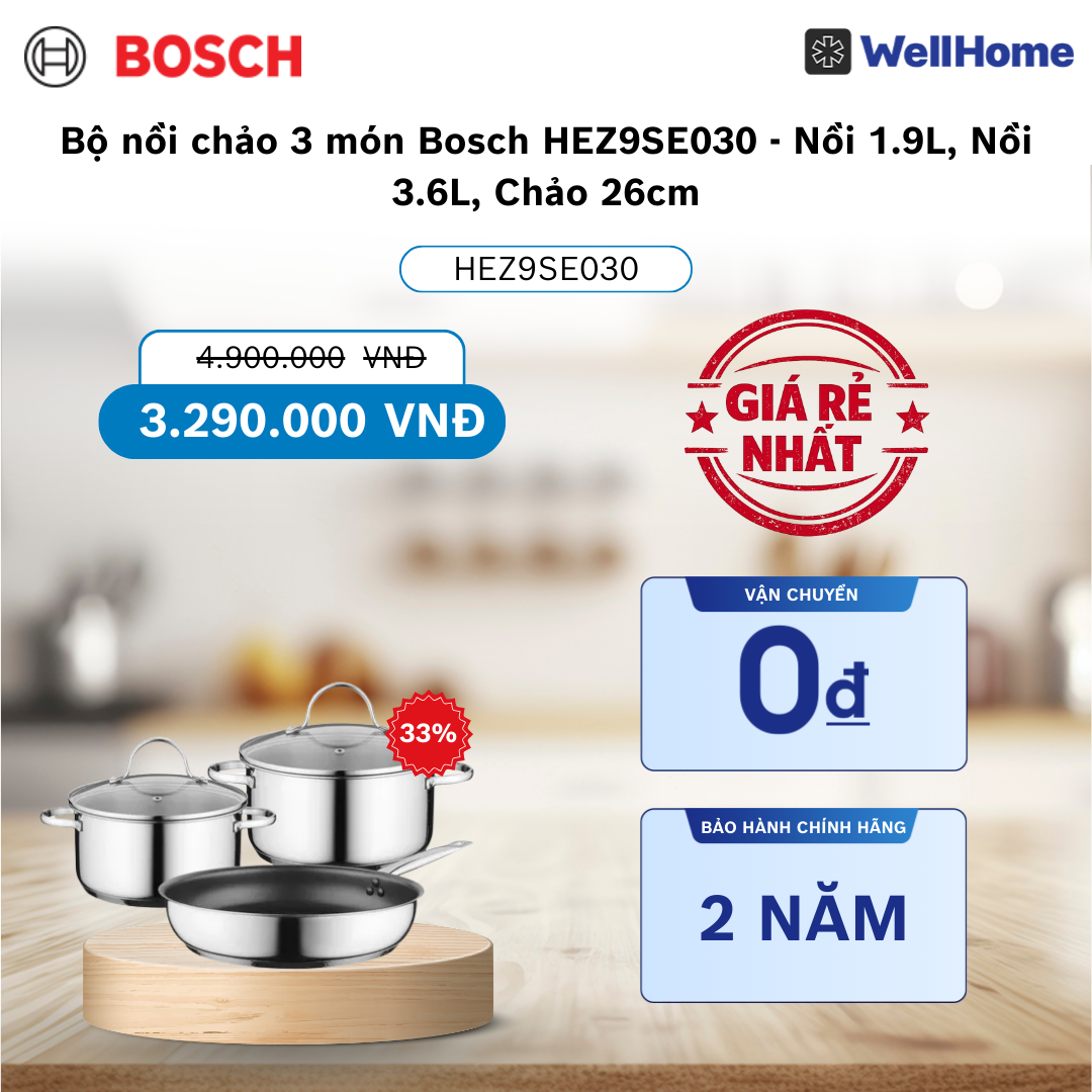  Bộ nồi chảo 3 món Bosch HEZ9SE030 - Nồi 1.9L, Nồi 3.6L, Chảo 26cm 